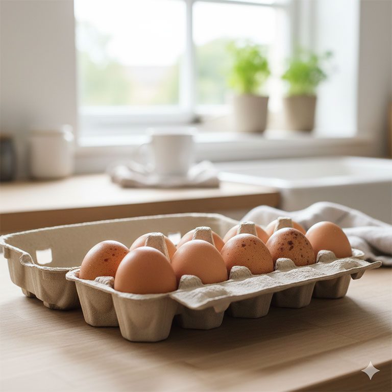 Box of fresh Yorkshire free-range eggs on a kitchen counter, ready for cooking.