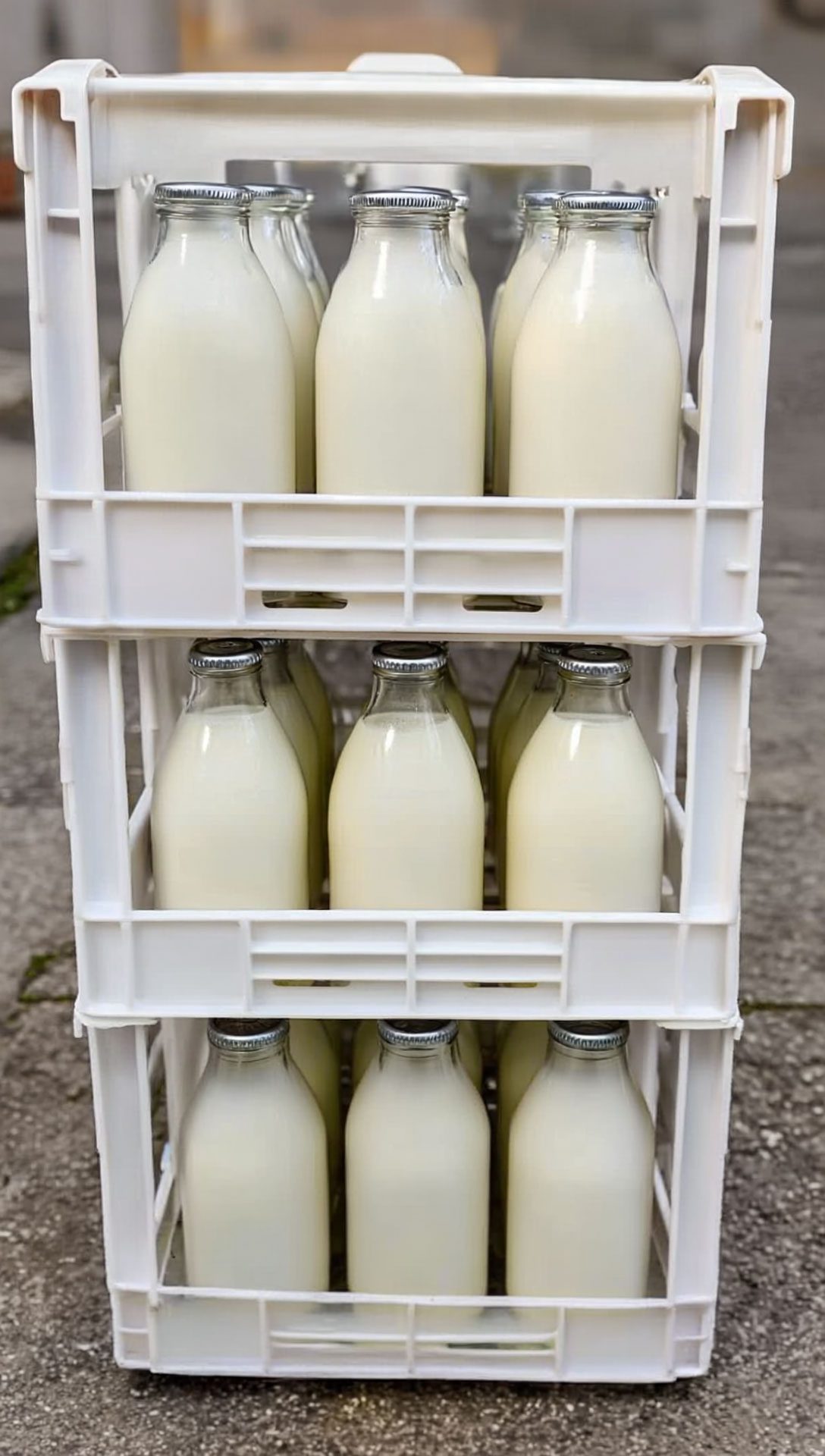portrait photo of fresh milk bottles in delivery crates for york doorstep milk service